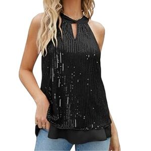 JASAMBAC Black Sequin & Satin Sleeveless Top‎ Lined Tie Neck Glam Holiday sz L
